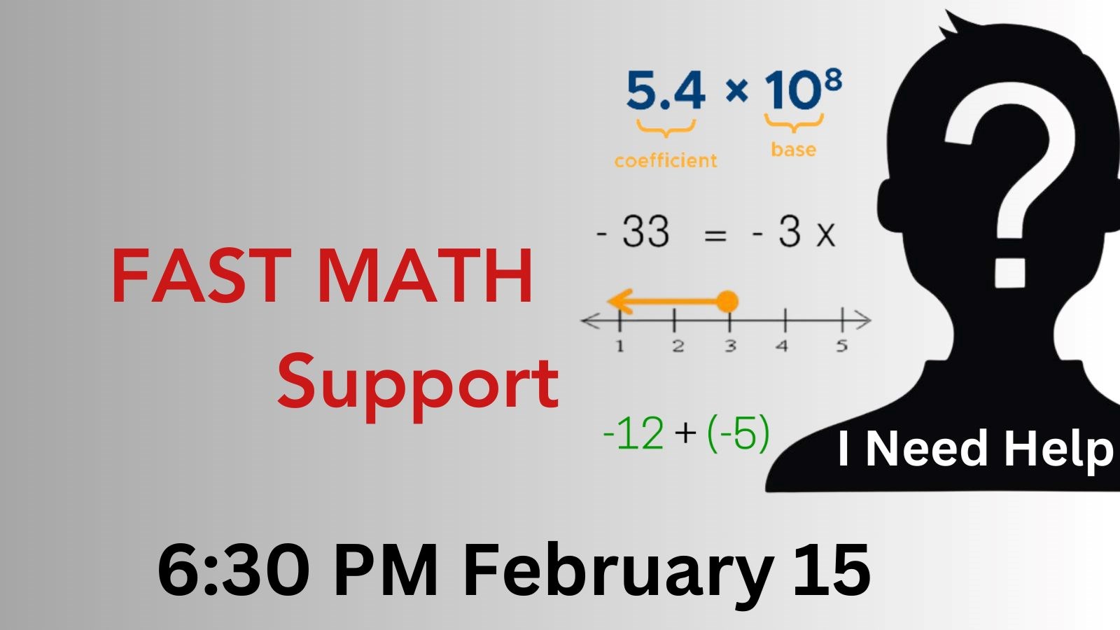 image: silhouette of a person with question mark, linear equations with integers, number line. text reads: FAST Math support 6:30 pm February 15